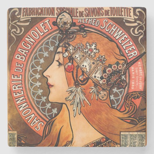 Alphone Mucha Mooie Art Nouveau Dame Stenen Onderzetter (Voorkant)