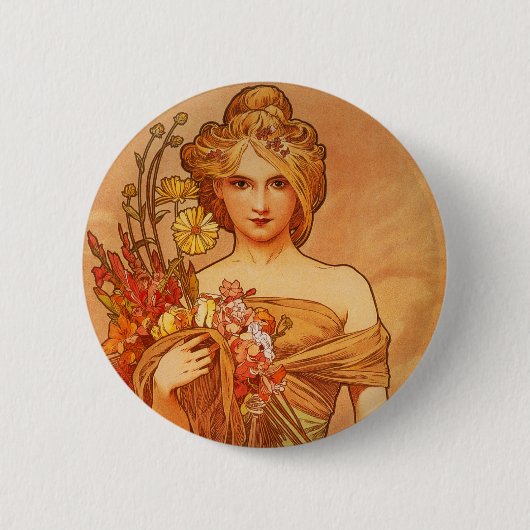 Alphonse (Alfons) Mucha Bouquet Ronde Button 5,7 Cm (Voorkant)