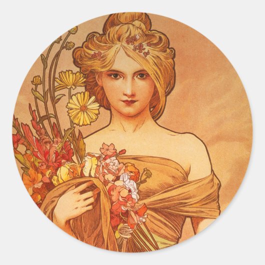 Alphonse (Alfons) Mucha Bouquet Ronde Sticker (Voorkant)