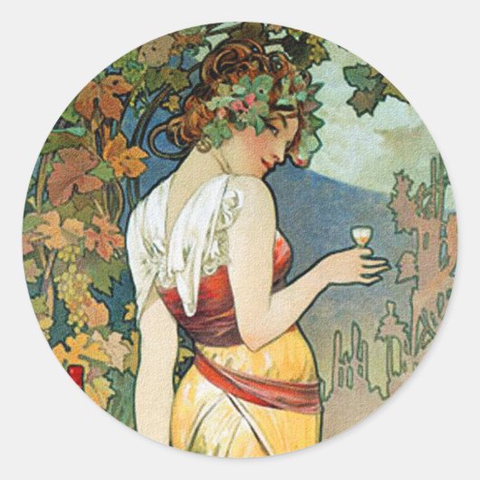 Alphonse (Alfons) Mucha: Cognac - Art Nouveau Ronde Sticker (Voorkant)
