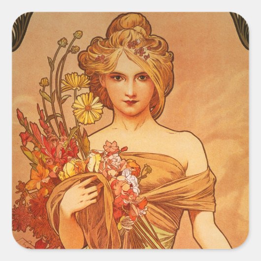 Alphonse Mucha Art Deco Vierkante Sticker (Voorkant)