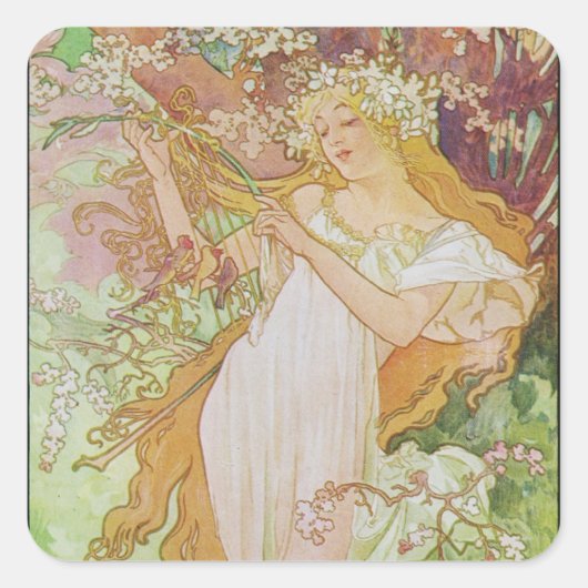Alphonse Mucha Art Deco Vierkante Sticker (Voorkant)