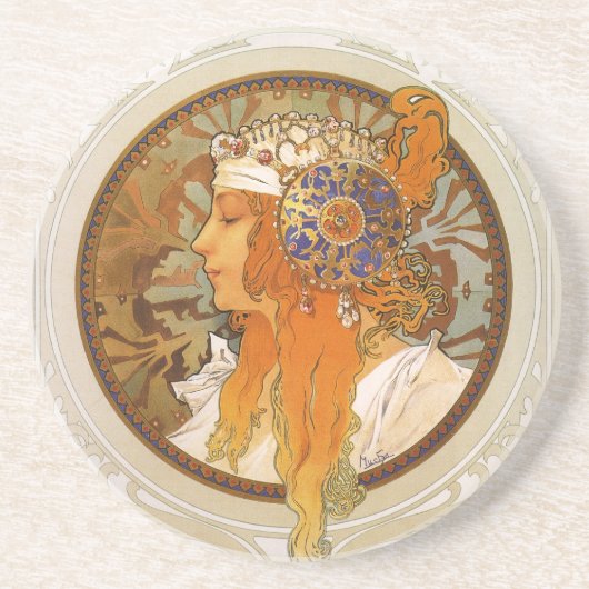Alphonse Mucha Art Deco Zandsteen Onderzetter (Voorkant)