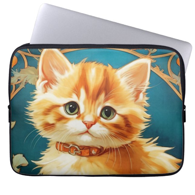 Alphonse Mucha Art Nouveau Cat Laptop Sleeve (Voorkant)