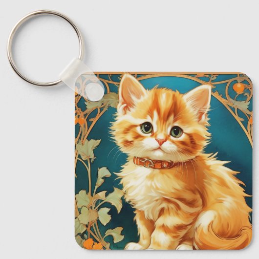 Alphonse Mucha Art Nouveau Cat Sleutelhanger (Voorkant)