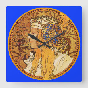 Alphonse Mucha Art Nouveau Clock Vierkante Klok