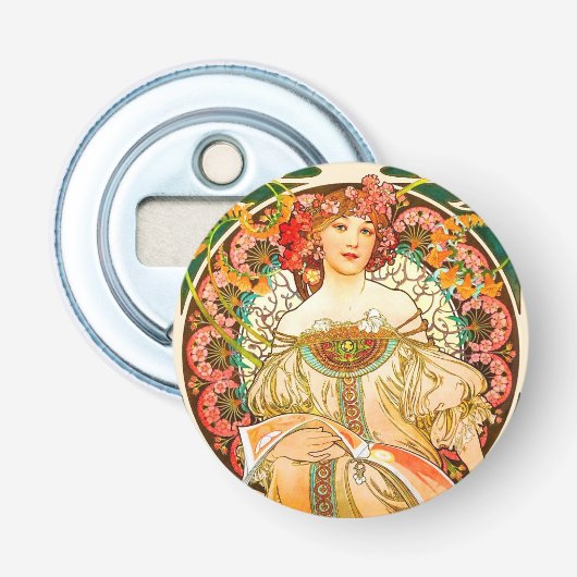 Alphonse Mucha Art Nouveau Daydrodroom Button Flesopener (Voorkant)