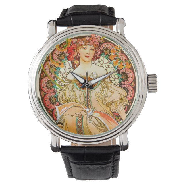 Alphonse Mucha Art Nouveau Daydrodroom Horloge (Voorkant)