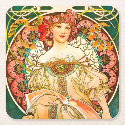 Alphonse Mucha Art Nouveau Daydrodroom Kartonnen Onderzetters (Voorkant)