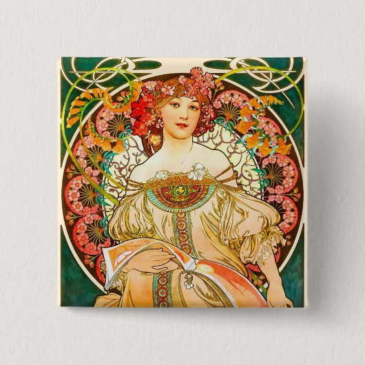 Alphonse Mucha Art Nouveau Daydrodroom Vierkante Button 5,1 Cm (Voorkant)