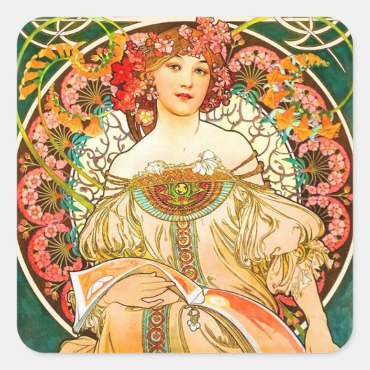 Alphonse Mucha Art Nouveau Daydrodroom Vierkante Sticker (Voorkant)