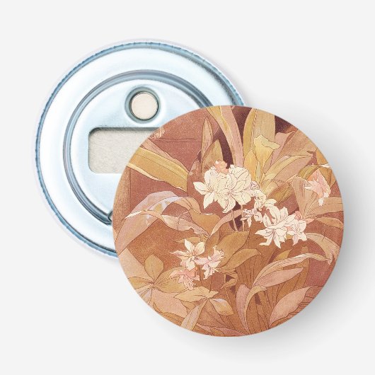 Alphonse Mucha Art Nouveau Floral Detail Button Flesopener (Voorkant)