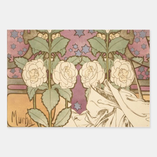 Alphonse Mucha Art Nouveau Floral Detail Inpakpapier Vel (Voorkant 2)