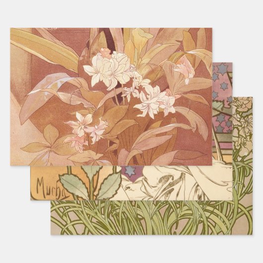 Alphonse Mucha Art Nouveau Floral Detail Inpakpapier Vel (Set)