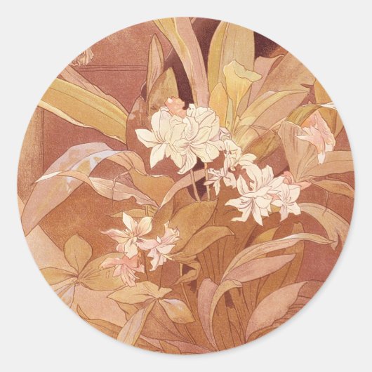 Alphonse Mucha Art Nouveau Floral Detail Ronde Sticker (Voorkant)