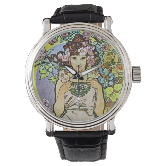 Alphonse Mucha Art Nouveau Floral Horloge (Voorkant)