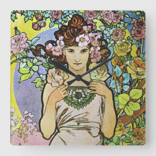 Alphonse Mucha Art Nouveau Floral Vierkante Klok