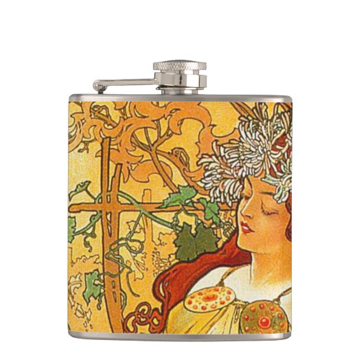 Alphonse Mucha Art Nouveau Herfst Heupfles (Voorkant)