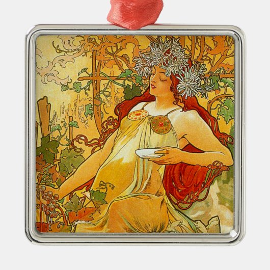 Alphonse Mucha Art Nouveau Herfst Metalen Ornament (Voorkant)