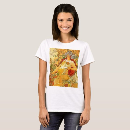 Alphonse Mucha Art Nouveau Herfst T-shirt (Voorkant volledig)