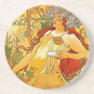 Alphonse Mucha Art Nouveau Herfst Zandsteen Onderzetter