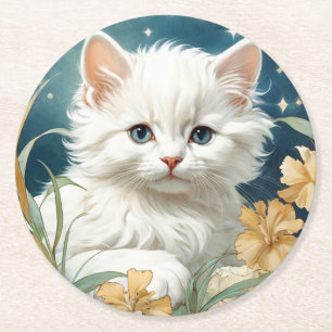 Alphonse Mucha Art Nouveau Kitten Ronde Kartonnen Onderzetter