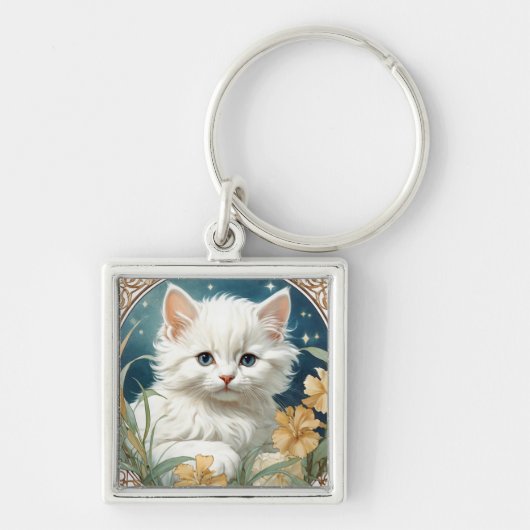 Alphonse Mucha Art Nouveau Kitten Sleutelhanger (Voorkant)