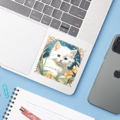 Alphonse Mucha Art Nouveau Kitten Sticker (Laptop met iPhone)
