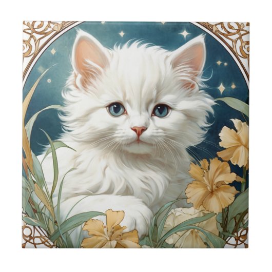 Alphonse Mucha Art Nouveau Kitten Tegeltje (Voorkant)