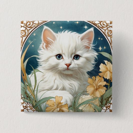 Alphonse Mucha Art Nouveau Kitten Vierkante Button 5,1 Cm (Voorkant)