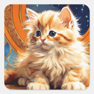 Alphonse Mucha Art Nouveau Oranje Kat Vierkante Sticker