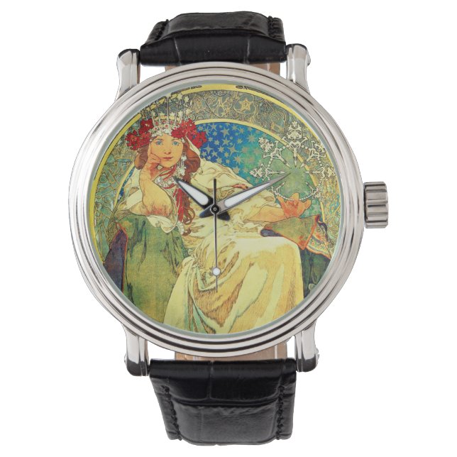 Alphonse Mucha Art Nouveau Princess Hyacinth Horloge (Voorkant)