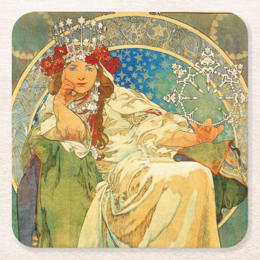 Alphonse Mucha Art Nouveau Princess Hyacinth Kartonnen Onderzetters (Voorkant)
