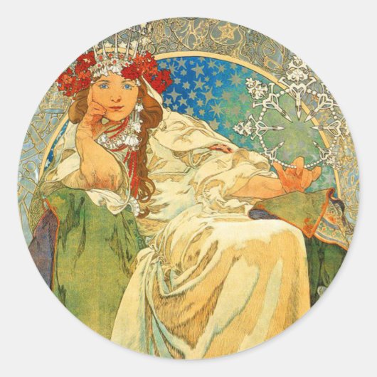 Alphonse Mucha Art Nouveau Princess Hyacinth Ronde Sticker (Voorkant)