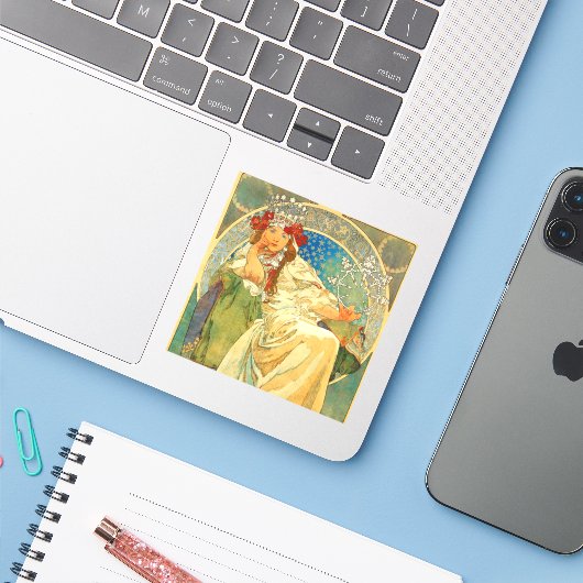 Alphonse Mucha Art Nouveau Princess Hyacinth Sticker (Laptop met iPhone)