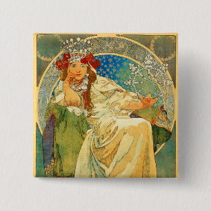 Alphonse Mucha Art Nouveau Princess Hyacinth Vierkante Button 5,1 Cm