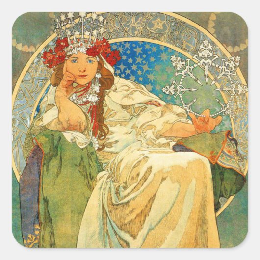 Alphonse Mucha Art Nouveau Princess Hyacinth Vierkante Sticker (Voorkant)