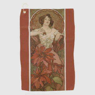 Alphonse Mucha Art Nouveau Robijn Vintage Bloemmot Golfhanddoek
