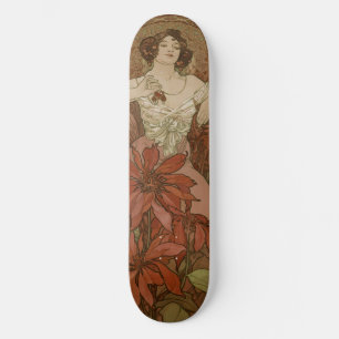 Alphonse Mucha Art Nouveau Robijn Vintage Bloemmot Persoonlijk Skateboard