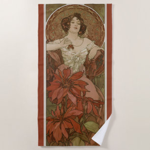 Alphonse Mucha Art Nouveau Robijn Vintage Bloemmot Strandlaken
