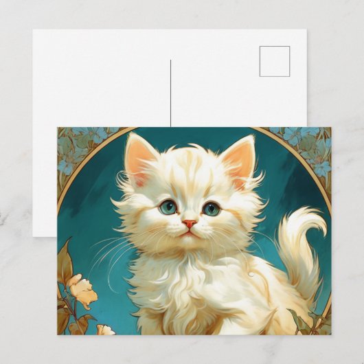 Alphonse Mucha Art Nouveau White Cat Briefkaart (Voorkant / Achterkant)