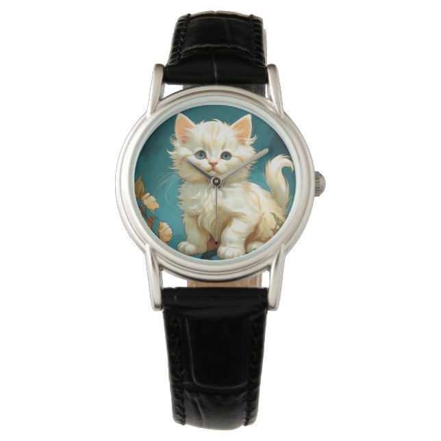 Alphonse Mucha Art Nouveau White Cat Horloge (Voorkant)
