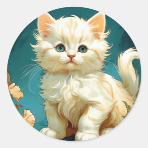 Alphonse Mucha Art Nouveau White Cat Ronde Sticker