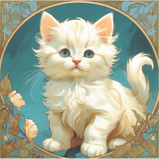 Alphonse Mucha Art Nouveau White Cat Sticker (Voorkant)