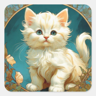 Alphonse Mucha Art Nouveau White Cat Vierkante Sticker