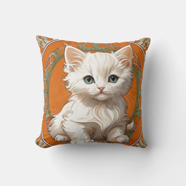 Alphonse Mucha Art Nouveau White Kitten Kussen (Voorkant)