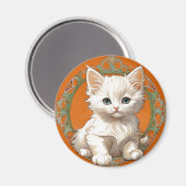 Alphonse Mucha Art Nouveau White Kitten Magneet (Voorkant / Achterkant)