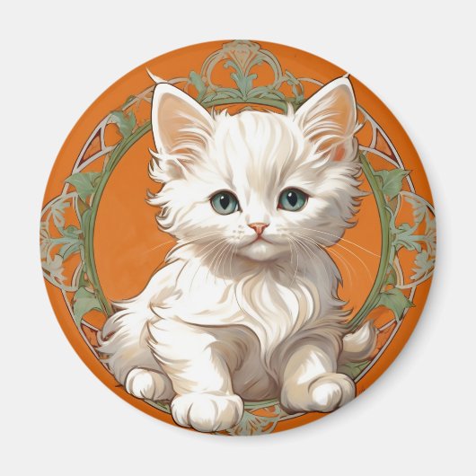 Alphonse Mucha Art Nouveau White Kitten Magneet (Voorkant)