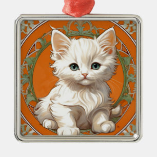 Alphonse Mucha Art Nouveau White Kitten Metalen Ornament