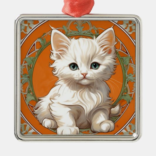 Alphonse Mucha Art Nouveau White Kitten Metalen Ornament (Voorkant)